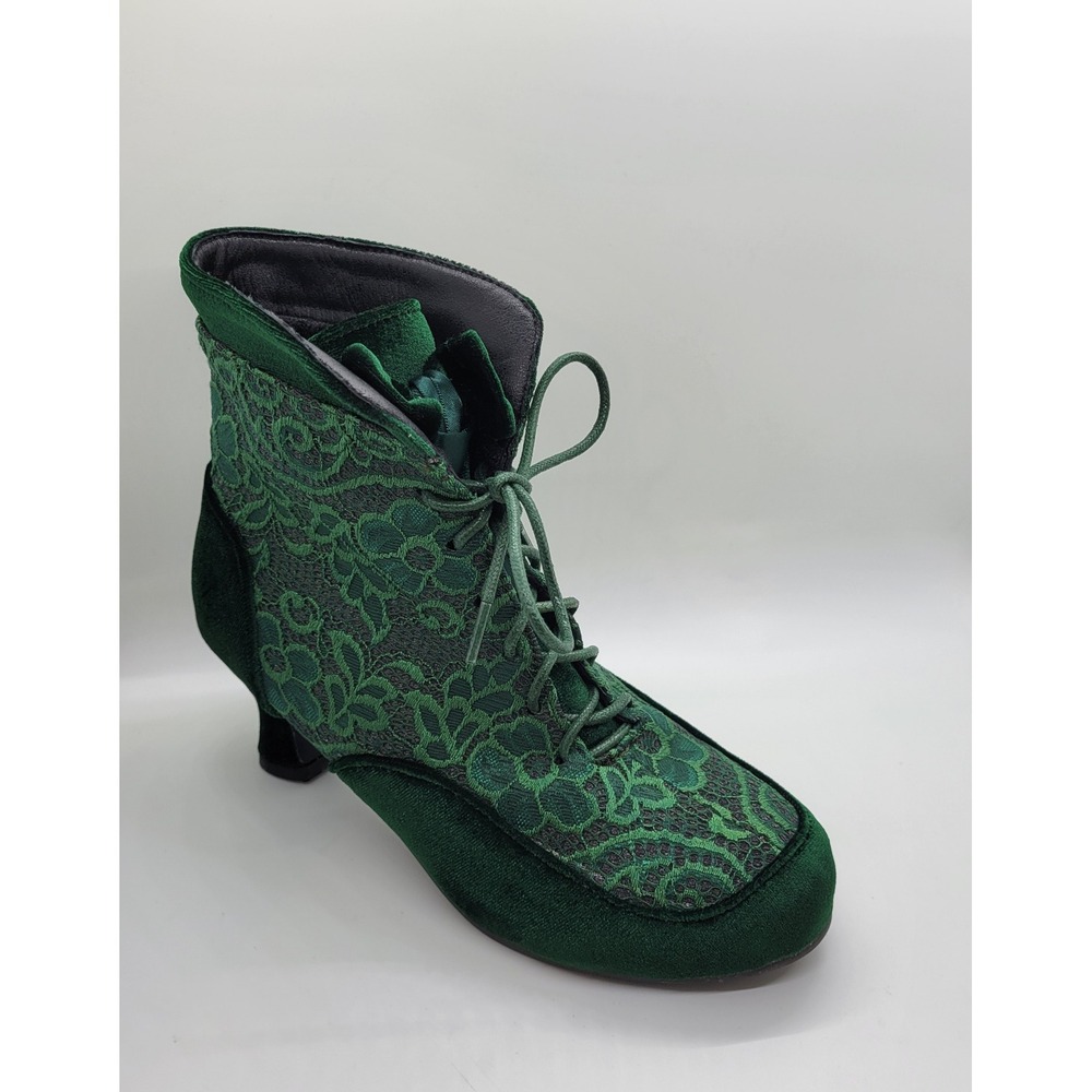 Victorian Style Green Lace Ankle Boots W 37 Emerald Gothic Velvet Kitten Heel